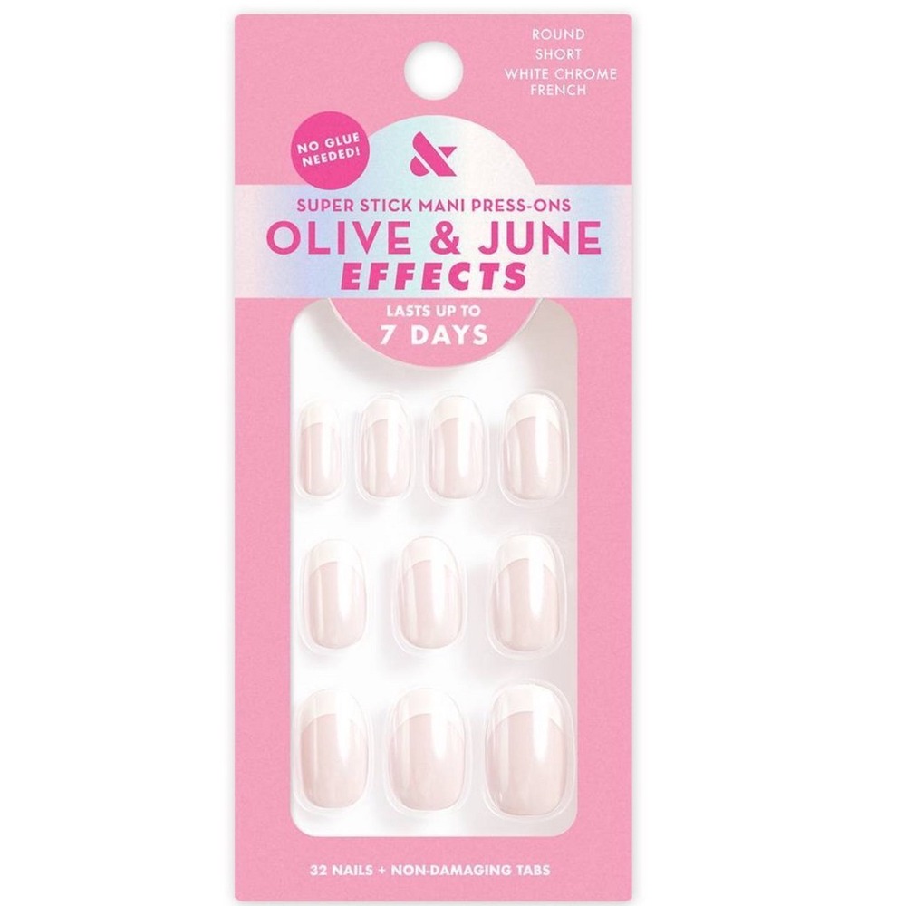 Olive & June Super Stick Mani Press-Ons White Chrome French Round Short 32ct